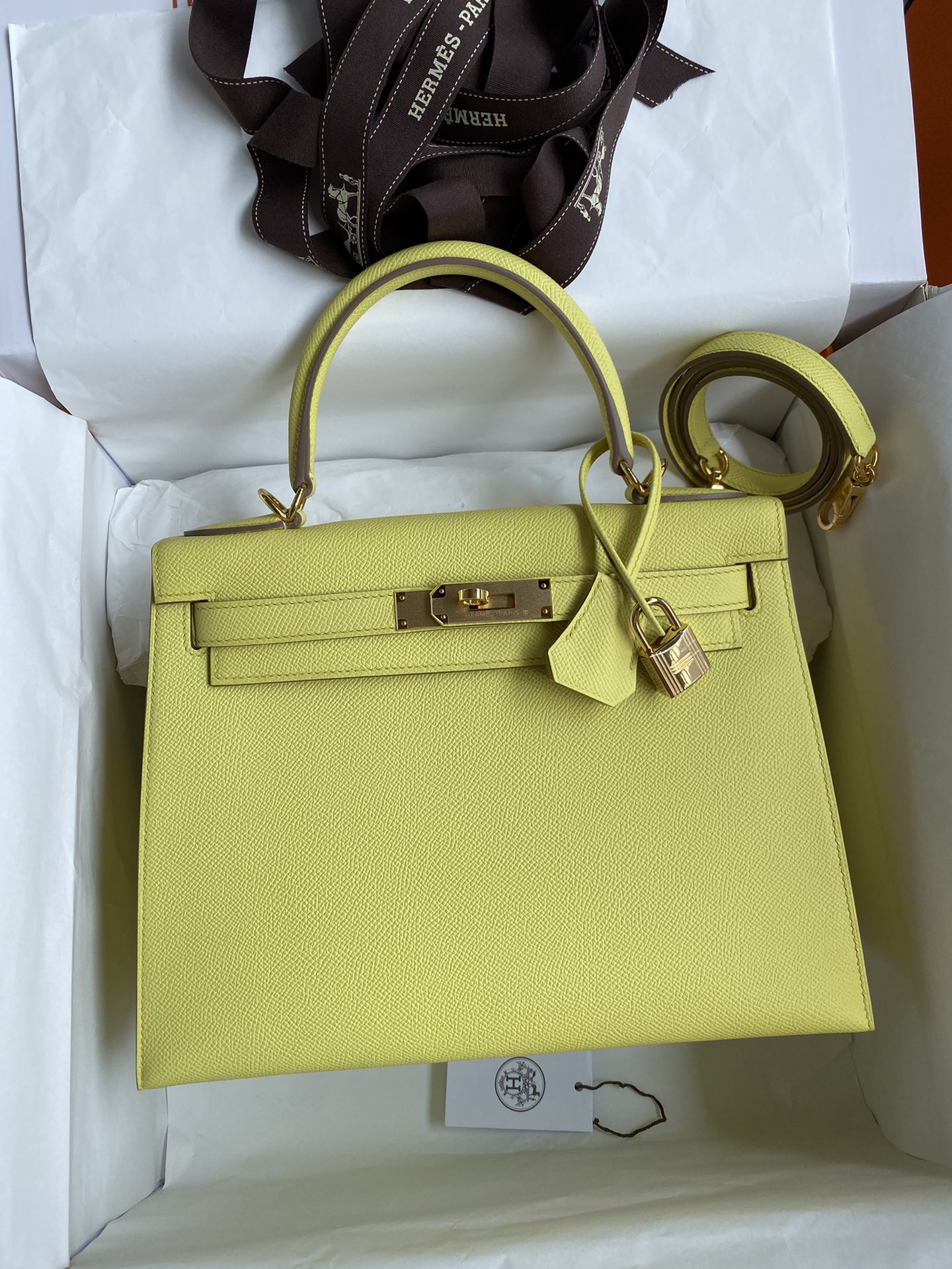 Hermes Kelly 28cm Handbag Shoulder Bag in Jaune Poussin Epsom Leather